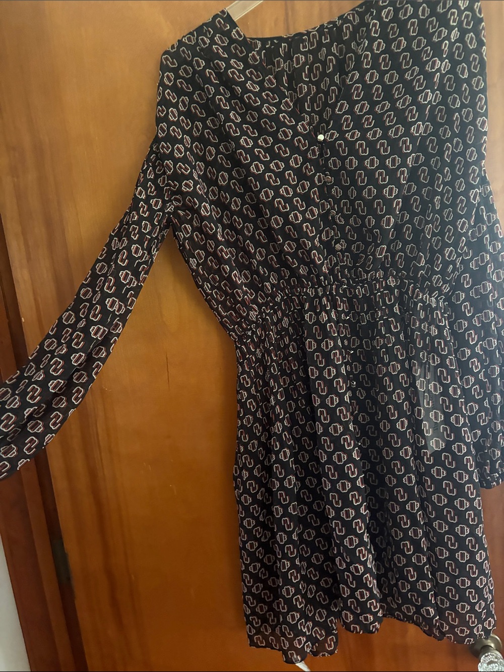 Maje Black Long-Sleeve Dress with Pink Geometric Print